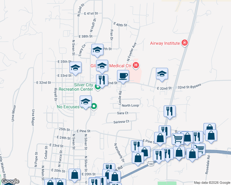 map of restaurants, bars, coffee shops, grocery stores, and more near 3115 1/2 Leslie Road in Silver City
