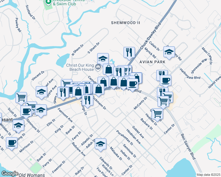 map of restaurants, bars, coffee shops, grocery stores, and more near Chuck Dawley Blvd & Coleman Blvd in Mt Pleasant