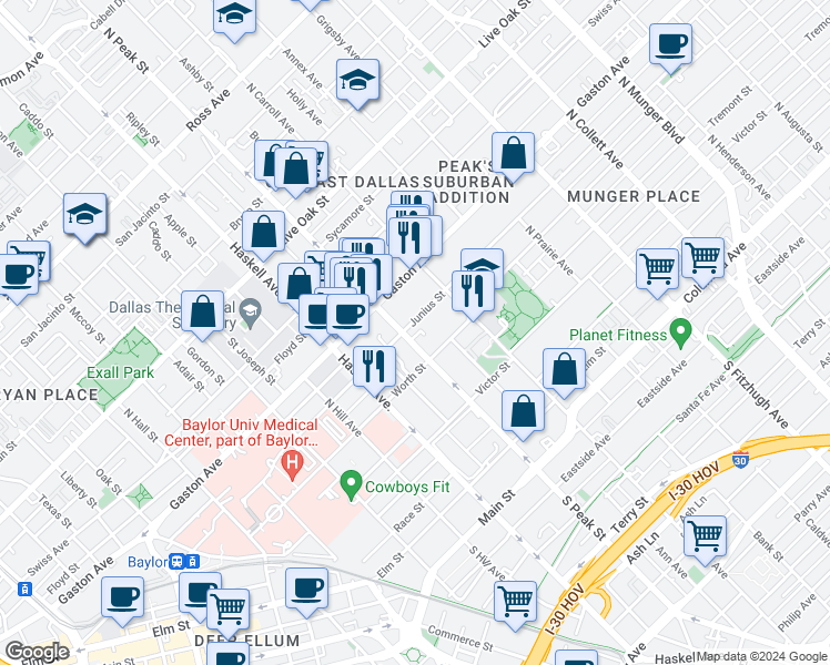 map of restaurants, bars, coffee shops, grocery stores, and more near 4304 Junius Street in Dallas
