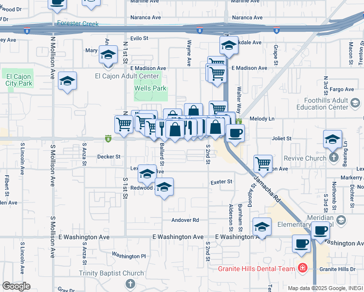 map of restaurants, bars, coffee shops, grocery stores, and more near 1245 East Main Street in El Cajon