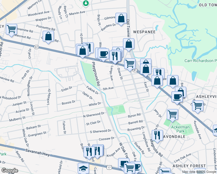 map of restaurants, bars, coffee shops, grocery stores, and more near 1336 5th Avenue in Charleston