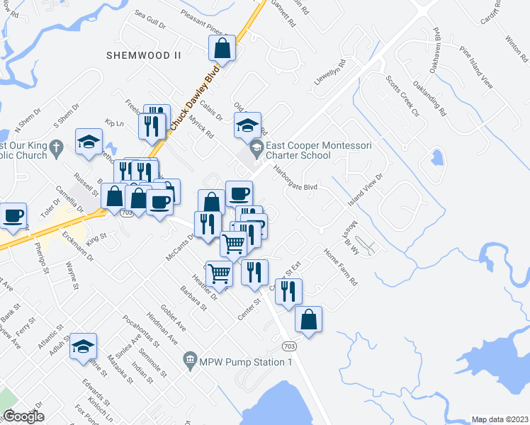 map of restaurants, bars, coffee shops, grocery stores, and more near 1100 Dawn View Terrace in Mount Pleasant