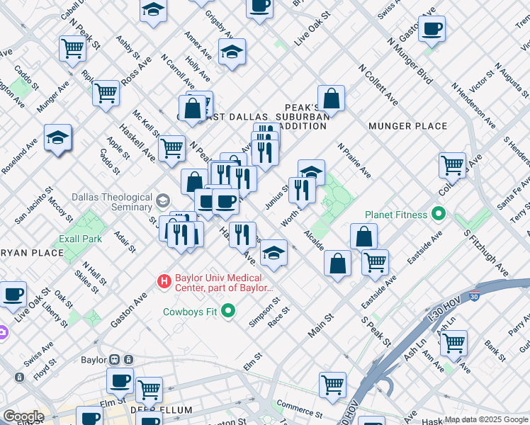 map of restaurants, bars, coffee shops, grocery stores, and more near 4304 Junius Street in Dallas