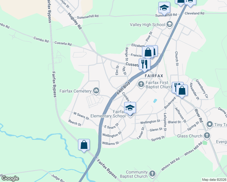map of restaurants, bars, coffee shops, grocery stores, and more near 310 Combs Street in Valley