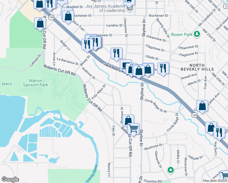 map of restaurants, bars, coffee shops, grocery stores, and more near 2258 Yale Street in Fort Worth