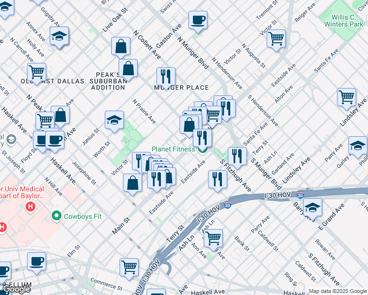 map of restaurants, bars, coffee shops, grocery stores, and more near 4729 Columbia Ave in Dallas