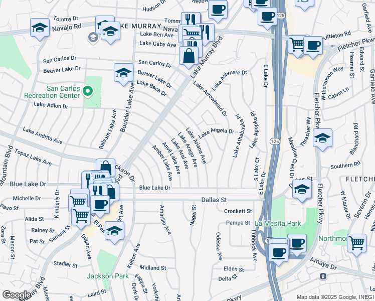 map of restaurants, bars, coffee shops, grocery stores, and more near 6298 Lake Arago Avenue in San Diego