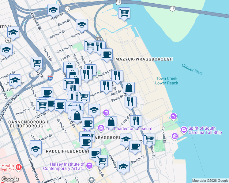 map of restaurants, bars, coffee shops, grocery stores, and more near 50A Drake Street in Charleston