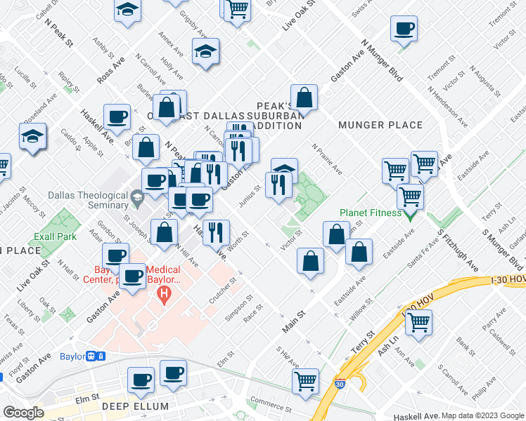 map of restaurants, bars, coffee shops, grocery stores, and more near 4403 Worth Street in Dallas