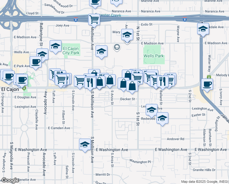 map of restaurants, bars, coffee shops, grocery stores, and more near 1011 East Main Street in El Cajon