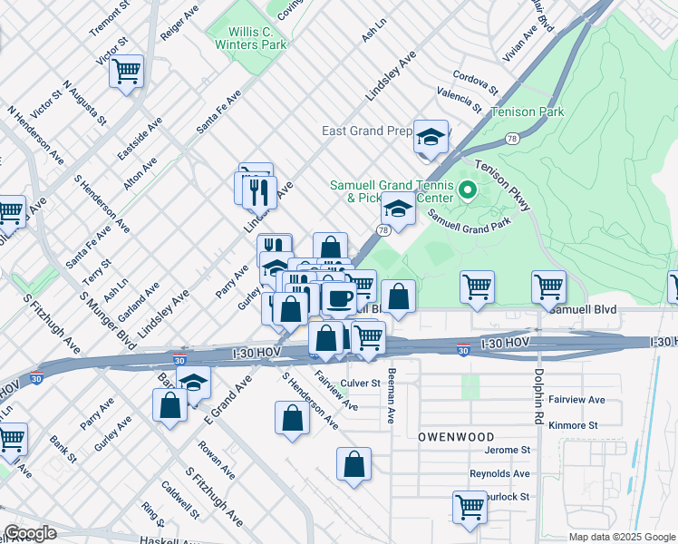 map of restaurants, bars, coffee shops, grocery stores, and more near 5623 East Grand Avenue in Dallas