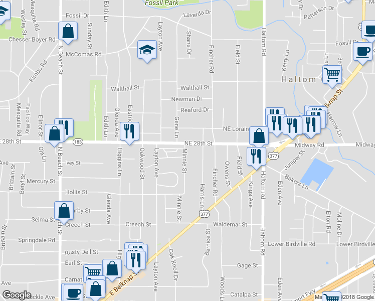 map of restaurants, bars, coffee shops, grocery stores, and more near 2336 Minnie Street in Haltom City