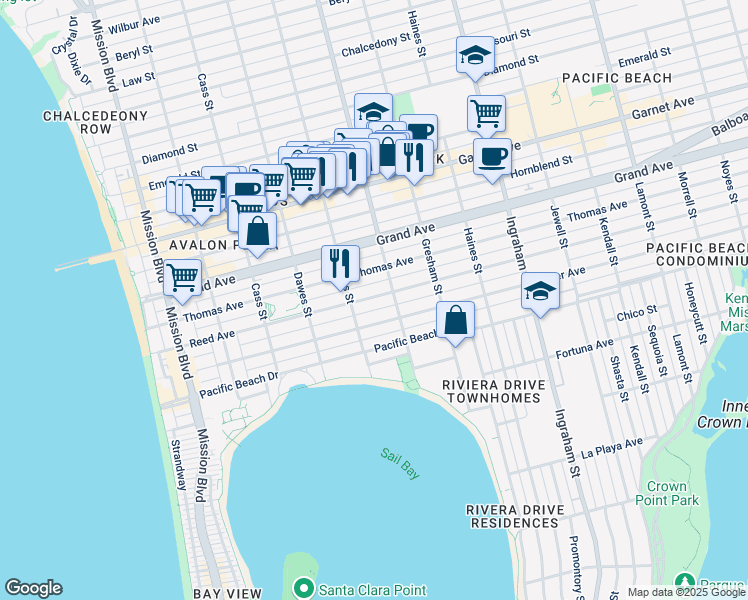 map of restaurants, bars, coffee shops, grocery stores, and more near 1239 Reed Avenue in San Diego