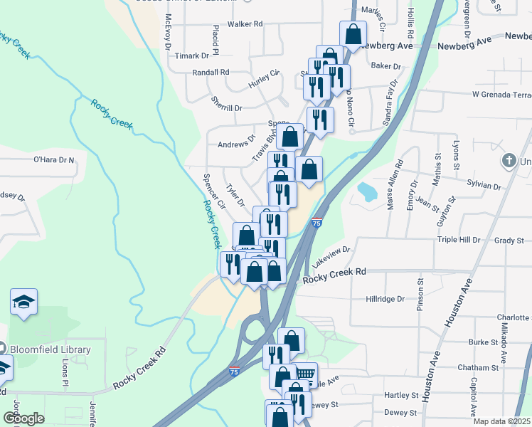 map of restaurants, bars, coffee shops, grocery stores, and more near 3910 Saint Charles Place in Macon