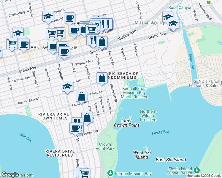 map of restaurants, bars, coffee shops, grocery stores, and more near 4036 Honeycutt Street in San Diego