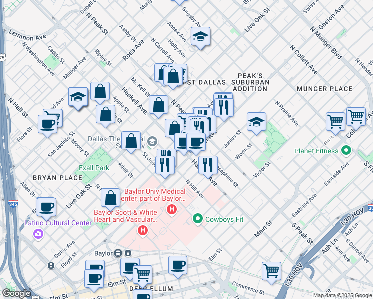 map of restaurants, bars, coffee shops, grocery stores, and more near 912 North Haskell Avenue in Dallas