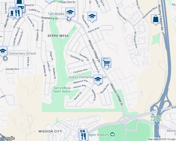 map of restaurants, bars, coffee shops, grocery stores, and more near 9265 Overton Avenue in San Diego