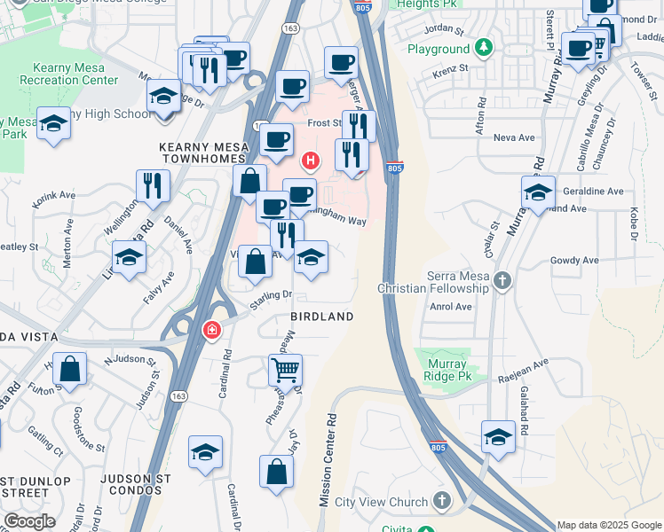 map of restaurants, bars, coffee shops, grocery stores, and more near 2840 Meadow Lark Drive in San Diego