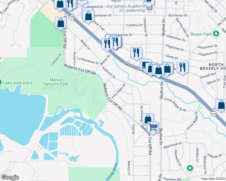 map of restaurants, bars, coffee shops, grocery stores, and more near 5561 Korth Street in Fort Worth