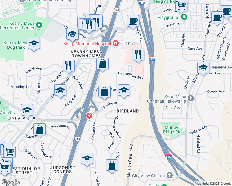map of restaurants, bars, coffee shops, grocery stores, and more near 2830 Meadow Lark Drive in San Diego