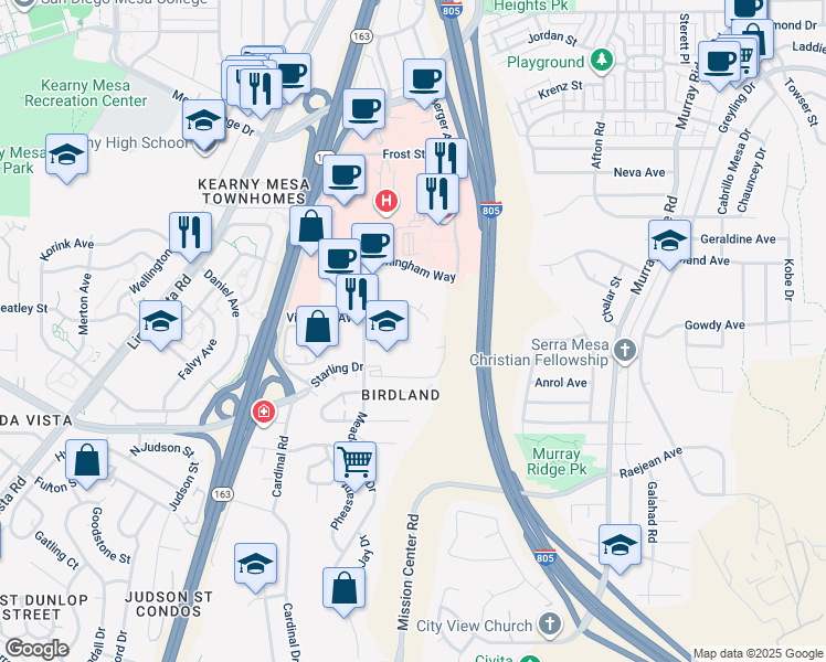 map of restaurants, bars, coffee shops, grocery stores, and more near 2840 Meadow Lark Drive in San Diego