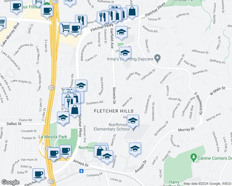 map of restaurants, bars, coffee shops, grocery stores, and more near 6361 Severin Drive in La Mesa