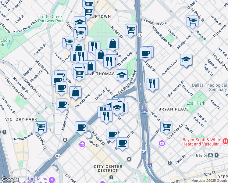 map of restaurants, bars, coffee shops, grocery stores, and more near 2710 Guillot Street in Dallas