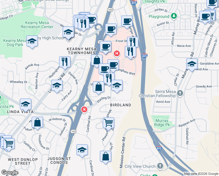 map of restaurants, bars, coffee shops, grocery stores, and more near 2830 Meadow Lark Drive in San Diego