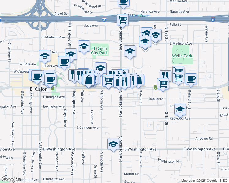 map of restaurants, bars, coffee shops, grocery stores, and more near 835 East Main Street in El Cajon