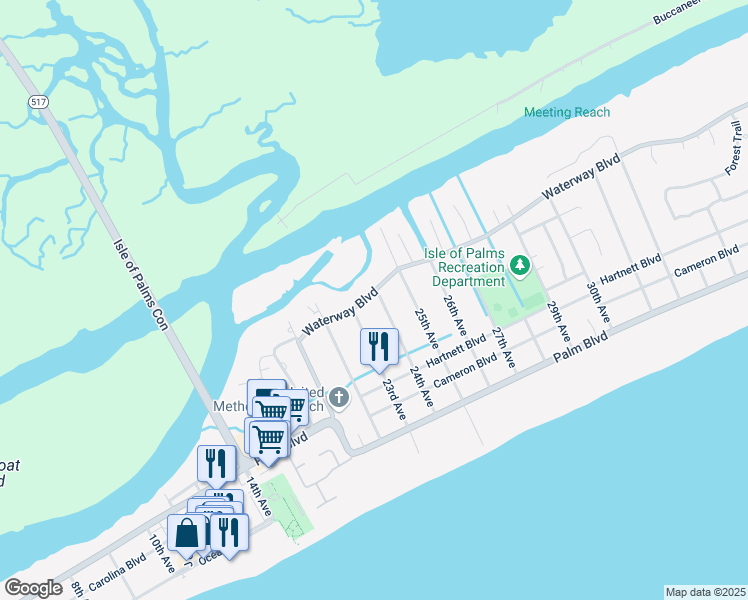 map of restaurants, bars, coffee shops, grocery stores, and more near 2304 Waterway Boulevard in Isle of Palms