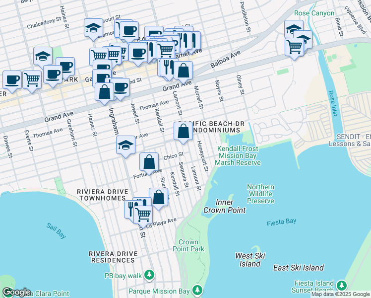 map of restaurants, bars, coffee shops, grocery stores, and more near 4065 Sequoia Street in San Diego