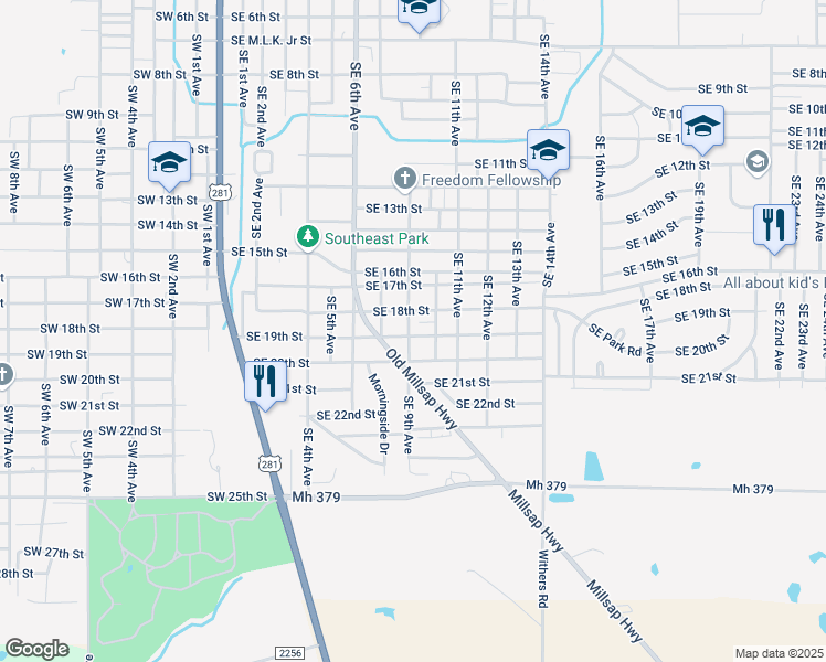 map of restaurants, bars, coffee shops, grocery stores, and more near 807 Southeast 19th Street in Mineral Wells