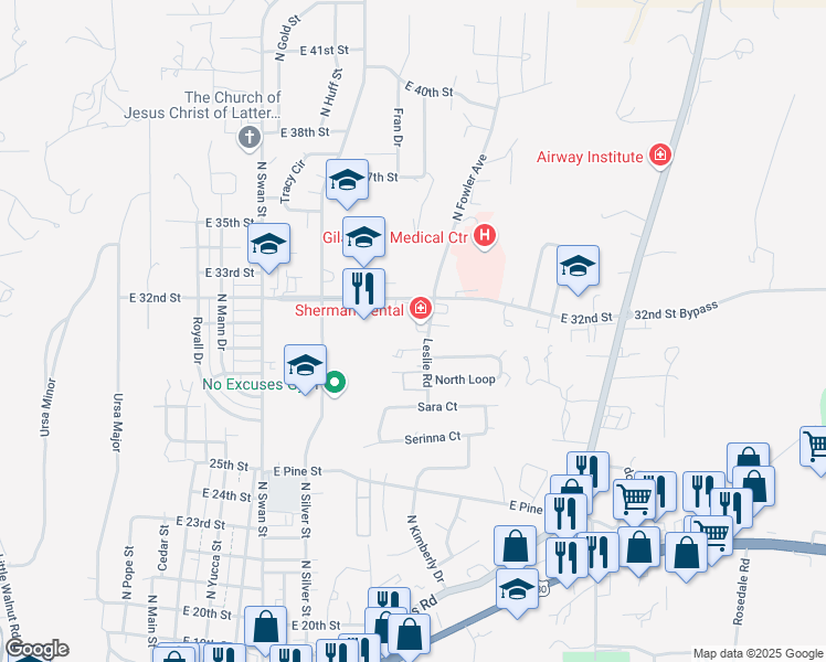 map of restaurants, bars, coffee shops, grocery stores, and more near 3115 1/2 Leslie Road in Silver City