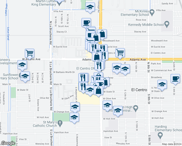 map of restaurants, bars, coffee shops, grocery stores, and more near 1507 West Barbara Worth Drive in El Centro