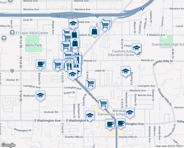 map of restaurants, bars, coffee shops, grocery stores, and more near 129 South Ivory Avenue in El Cajon