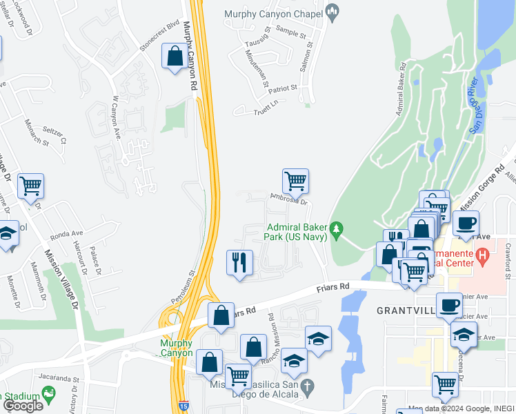 map of restaurants, bars, coffee shops, grocery stores, and more near 6554 Ambrosia Drive in San Diego