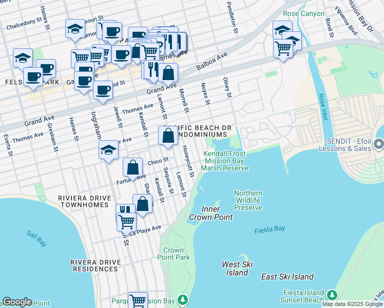 map of restaurants, bars, coffee shops, grocery stores, and more near 4036 Honeycutt Street in San Diego