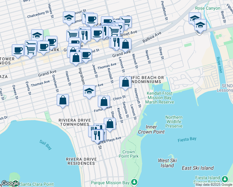 map of restaurants, bars, coffee shops, grocery stores, and more near 4080 Kendall Street in San Diego