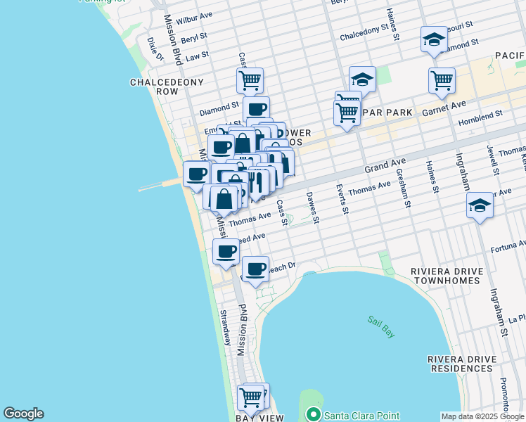 map of restaurants, bars, coffee shops, grocery stores, and more near 930 Thomas Avenue in San Diego