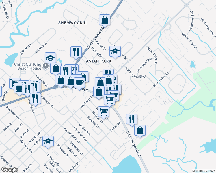 map of restaurants, bars, coffee shops, grocery stores, and more near 1421 Shucker Circle in Mount Pleasant