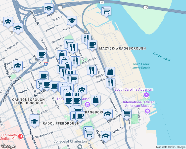 map of restaurants, bars, coffee shops, grocery stores, and more near in Charleston