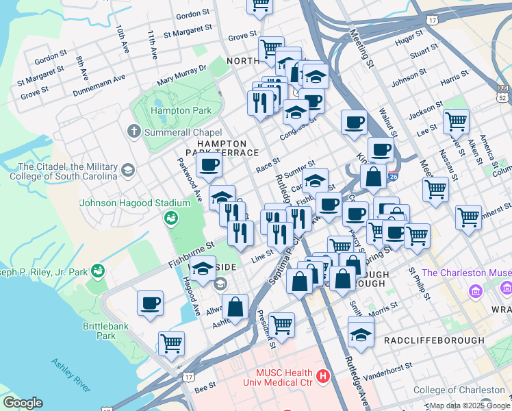 map of restaurants, bars, coffee shops, grocery stores, and more near 319 Ashley Avenue in Charleston