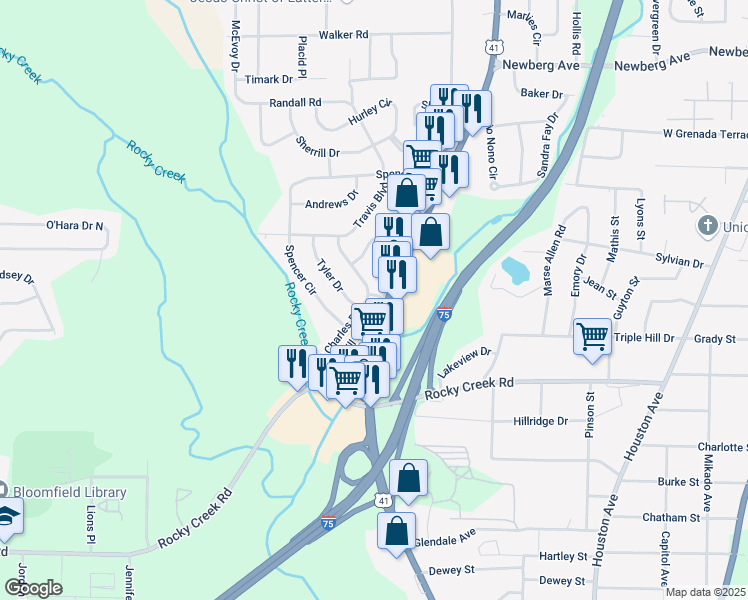 map of restaurants, bars, coffee shops, grocery stores, and more near 3910 Saint Charles Place in Macon