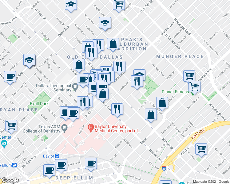 map of restaurants, bars, coffee shops, grocery stores, and more near 4304 Junius Street in Dallas