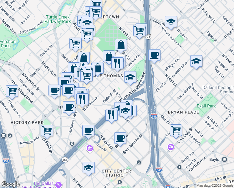 map of restaurants, bars, coffee shops, grocery stores, and more near 2644 Colby Street in Dallas