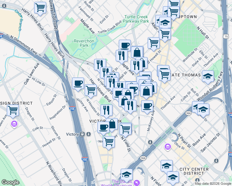 map of restaurants, bars, coffee shops, grocery stores, and more near 2814 North Harwood Street in Dallas