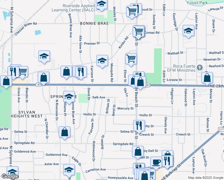 map of restaurants, bars, coffee shops, grocery stores, and more near 3710 Northeast 28th Street in Fort Worth