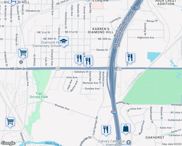 map of restaurants, bars, coffee shops, grocery stores, and more near 2412 Salisbury Street in Fort Worth