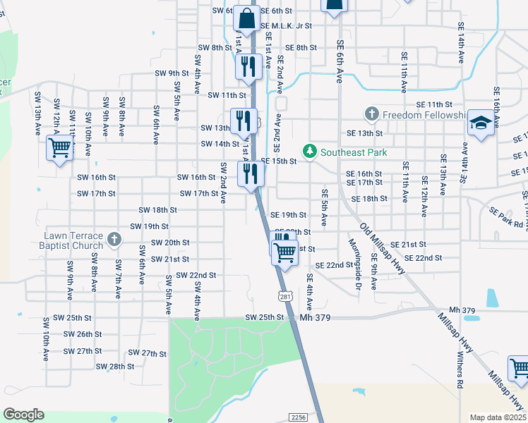 map of restaurants, bars, coffee shops, grocery stores, and more near 103 Southeast 19th Street in Mineral Wells