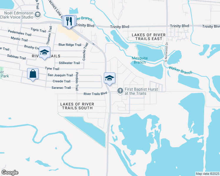 map of restaurants, bars, coffee shops, grocery stores, and more near 2605 Trinity Trail Way in Fort Worth
